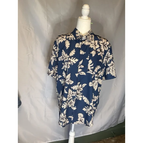 SHEIN Men’s Tropical Hawaiian Shirt Blue White Floral Palm Leaf Short Sleeve L - Picture 1 of 5